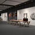 Art Exhibition Space Interior With White Walls Long Tables And Artworks 3d model