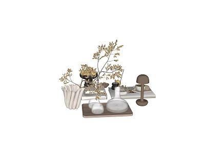 Stylish Decorative Ornament Set With Dried Flowers Vase Tray And Small Lamp For Home Decor 3d model