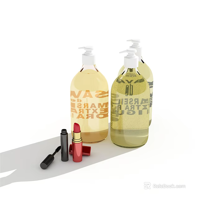 Stylish Cosmetics Collection With Soya Liquid Soap Bottles Red Lipstick And Black Mascara 3d model 