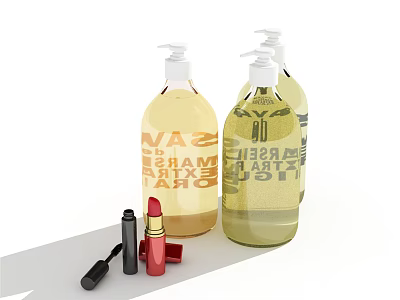 Stylish Cosmetics Collection With Soya Liquid Soap Bottles Red Lipstick And Black Mascara 3d model