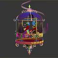 Golden Birdcage Featuring Prince And Princess With Purple Drapery And Ornate Decorations