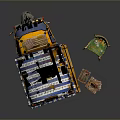 Yellow Cart With Blue And White Striped Canopy Green Chair Wooden Crates And Flowers