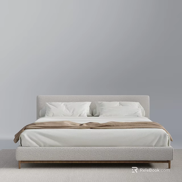 Modern Minimalist Double Bed with Light Gray Headboard White Sheets and Brown Blanket 3d model 