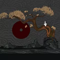 Indoor Decorative Landscape With Golden Leaf Tree Red Circular Plate Black Rocks And White Figurine