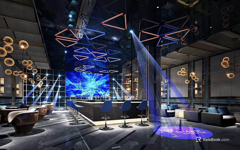 Modern Upscale Bar Counter With Unique Geometric Lighting And Stylish Comfortable Blue Bar Stools 3d model 