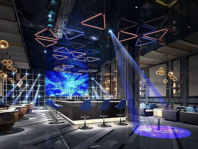 Modern Upscale Bar Counter With Unique Geometric Lighting And Stylish Comfortable Blue Bar Stools 3d model