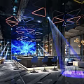 Modern Upscale Bar Counter With Unique Geometric Lighting And Stylish Comfortable Blue Bar Stools