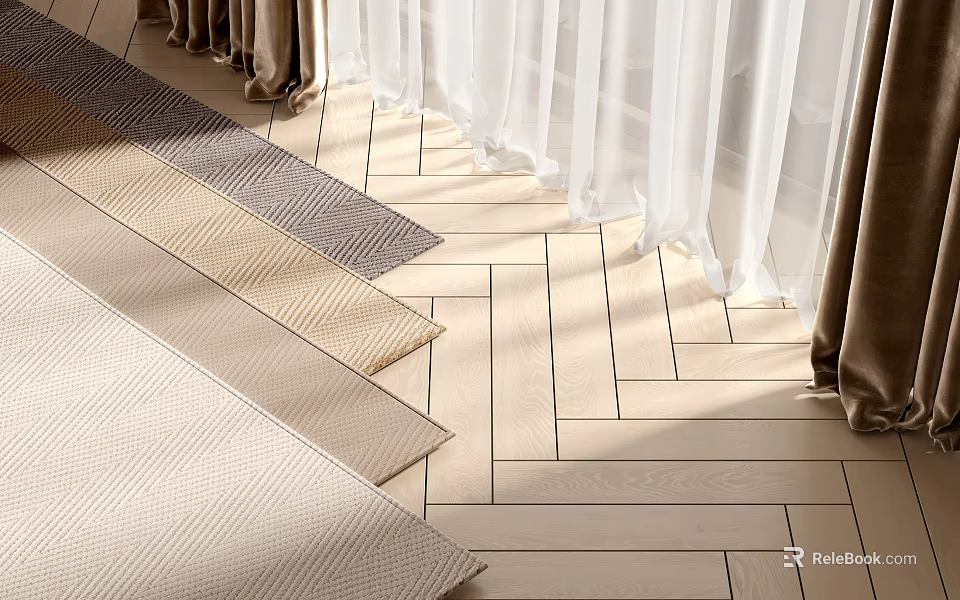 Square Rugs With Textured Patterns On Herringbone Wooden Floor Interior Design 3d model