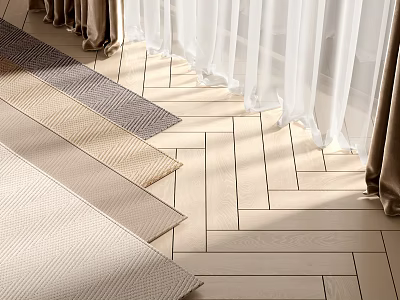 Square Rugs With Textured Patterns On Herringbone Wooden Floor Interior Design 3d model