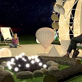 Young Girl Sitting On Floor In Fashion Tech Scene With Starry Sky And Geometric Structure