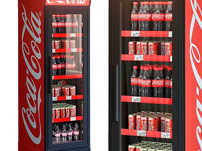 Coca-Cola Commercial Beverage Refrigerator With Multi Layer Shelves Displaying Bottled And Canned Drinks 3d model