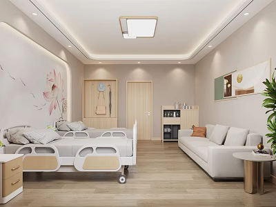 Modern Nursing Room Interior With Hospital Bed Sofa Side Table Decorative Art And Plant 3d model