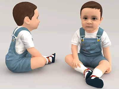 Two Little Boys In Blue Overalls Sitting 3d model