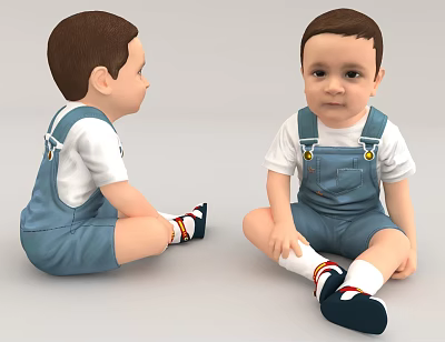 Two Little Boys In Blue Overalls Sitting 3d model