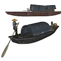 Two Classic Wooden Boats with Roofed Canopy and Man in Bamboo Hat Rowing