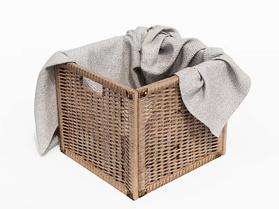 Brown Woven Storage Basket with Gray Towel Inside and Overhanging Design 3d model