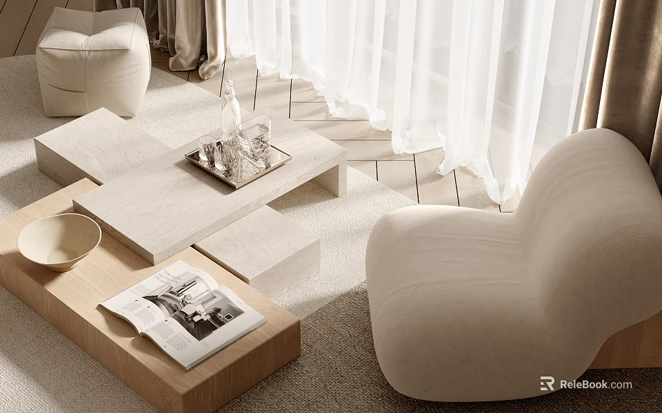 Modern Single Seater Sofa with Wooden Coffee Table and White Curtains in Living Room 3d model 