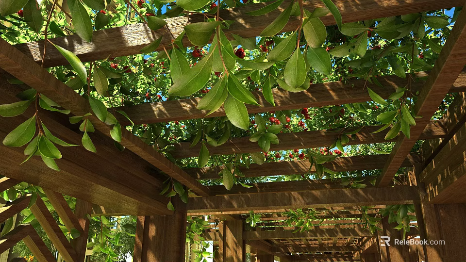 Lush Vine Covered Wooden Pergola With Green Leaves And Berries 3d model 