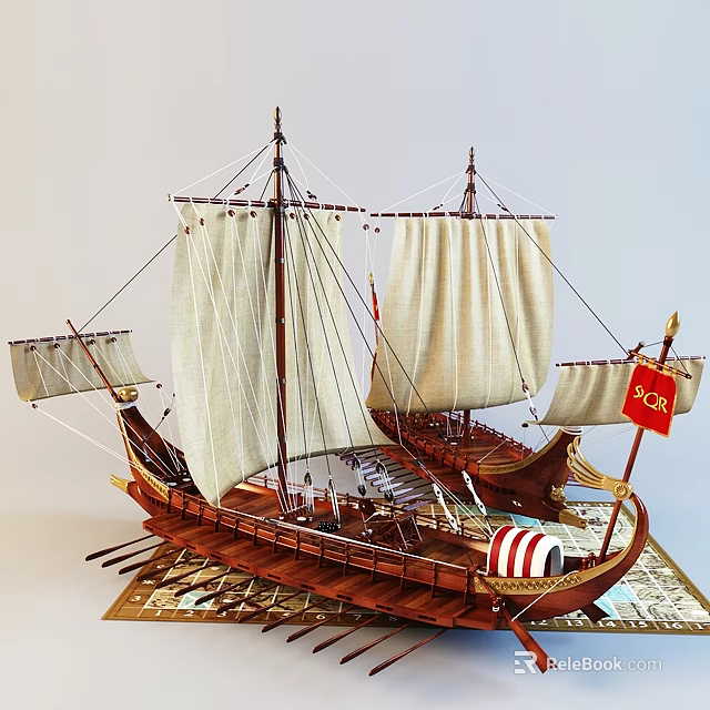 Detailed Wooden Ship Model With Multiple Canvas Sails Oars Wooden Hull And Flag 3d model 