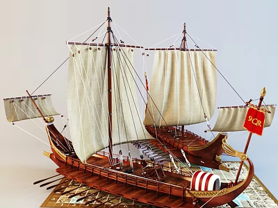 Detailed Wooden Ship Model With Multiple Canvas Sails Oars Wooden Hull And Flag 3d model