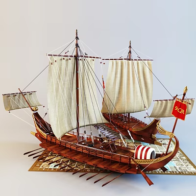 Detailed Wooden Ship Model With Multiple Canvas Sails Oars Wooden Hull And Flag 3d model