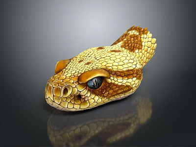 Shiny Snake Head With Yellow And Brown Scales And Black Eyes On Dark Background 3d model