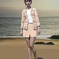 Stylish Woman in Plaid Blazer White Top Beige Skirt on Beach with Ocean Waves Rocks