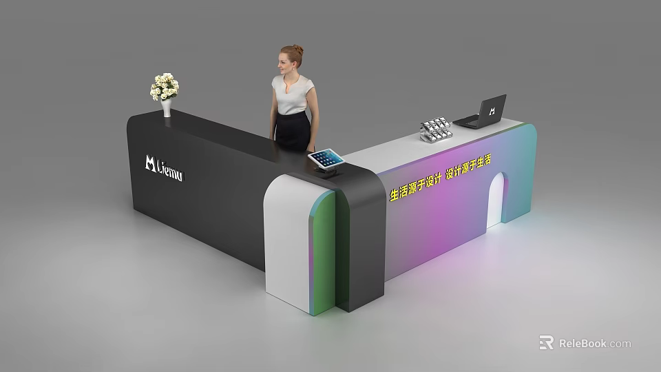 Modern Reception Desk Design With Laptop Tablet Flower Vase Lorun Logo And Colorful Lighting 3d model 