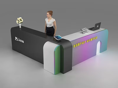 Modern Reception Desk Design With Laptop Tablet Flower Vase Lorun Logo And Colorful Lighting 3d model