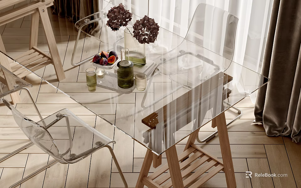 Modern Transparent Glass Dining Table Set with Wooden Legs Clear Chairs Decorative Vase and Fruits 3d model 