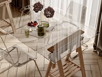 Modern Transparent Glass Dining Table Set with Wooden Legs Clear Chairs Decorative Vase and Fruits 3d model