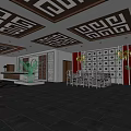 Traditional Tea House Interior With Wooden Ceiling Screen Panels And Green Plants