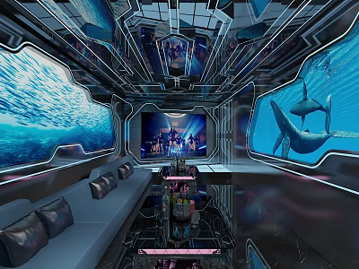 Underwater Theme KTV Lounge with Large Screen Comfortable Sofas and Dolphin Decor 3d model