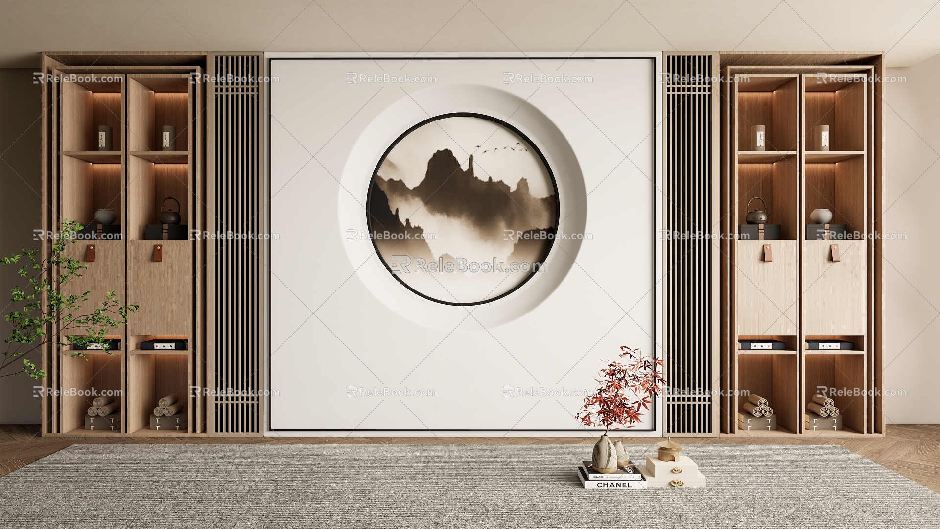 New Chinese bookcase background wall Decorative bookcase background wall 3d model