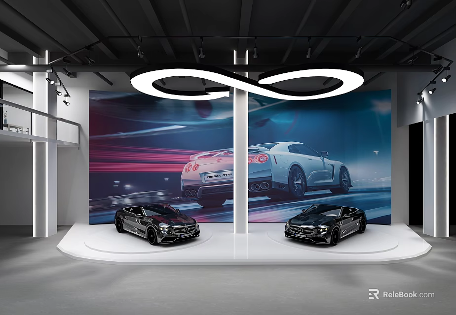 Modern Car Showroom With Two Cars On Platform And Large Background Screen 3d model 