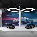 Modern Car Showroom With Two Cars On Platform And Large Background Screen