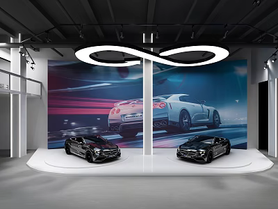 Modern Car Showroom With Two Cars On Platform And Large Background Screen 3d model