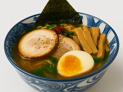 Ramen noodles blue and white porcelain bowl 3d model