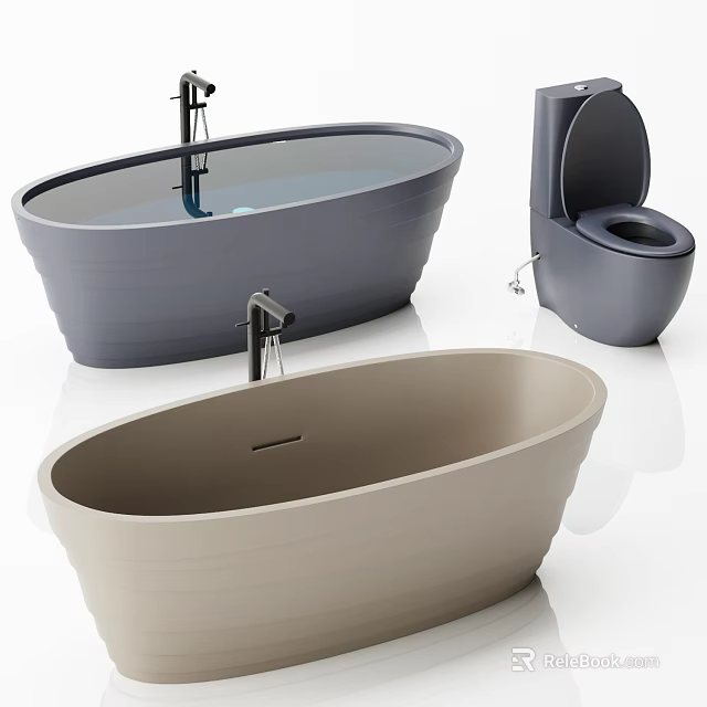 Modern Freestanding Oval Bathtubs in Gray and Beige with Toilet in Bathroom Interior 3d model 
