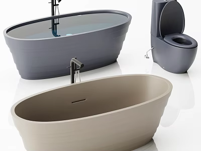 Modern Freestanding Oval Bathtubs in Gray and Beige with Toilet in Bathroom Interior 3d model