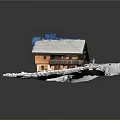 Scenic Snow Covered Wooden House With Blue Roof And Winter Landscape