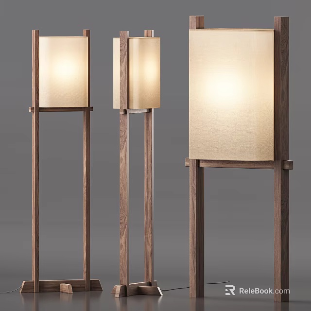 Modern Minimalist Floor Lamps With Wooden Frame And Fabric Shade Set Of Three 3d model 