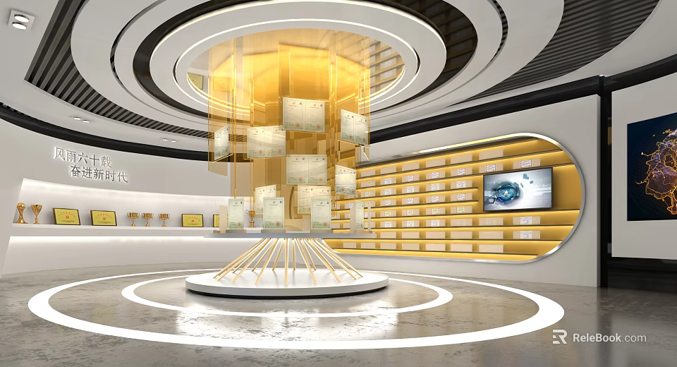 Modern Exhibition Hall Interior With Circular Ceiling Yellow Transparent Display Column And Multi Layer Shelves 3d model