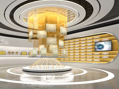 Modern Exhibition Hall Interior With Circular Ceiling Yellow Transparent Display Column And Multi Layer Shelves 3d model