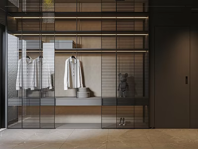 Modern Grid Partition Interior With Hanging Clothes Shelves And Decor Items 3d model