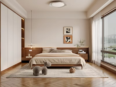 Modern Minimalist Bedroom Interior With White Wardrobe Wooden Headboard Rug Window View And Wall Artwork 3d model
