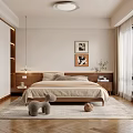 Modern Minimalist Bedroom Interior With White Wardrobe Wooden Headboard Rug Window View And Wall Artwork
