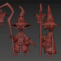 Magical Wizard Figures With Pointed Hats Beards Robes And Lantern Staffs 3d model