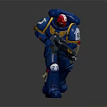 Blue Armored Warrior Robot Figure Numbered 11 Holding Gun Under Spotlight On Gray Background