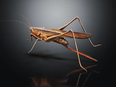 Brown Grasshopper With Long Legs Thin Antennae And Brown Wings On Black Surface With Reflection 3d model